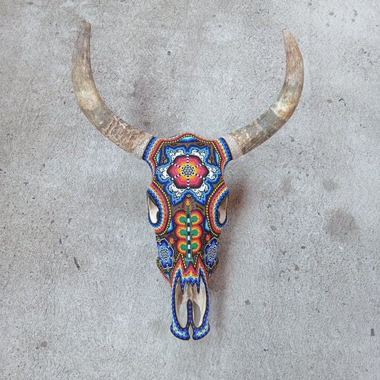 Huichol Indian Hand Beaded Bull Skull By Santos Bautista PP8294
