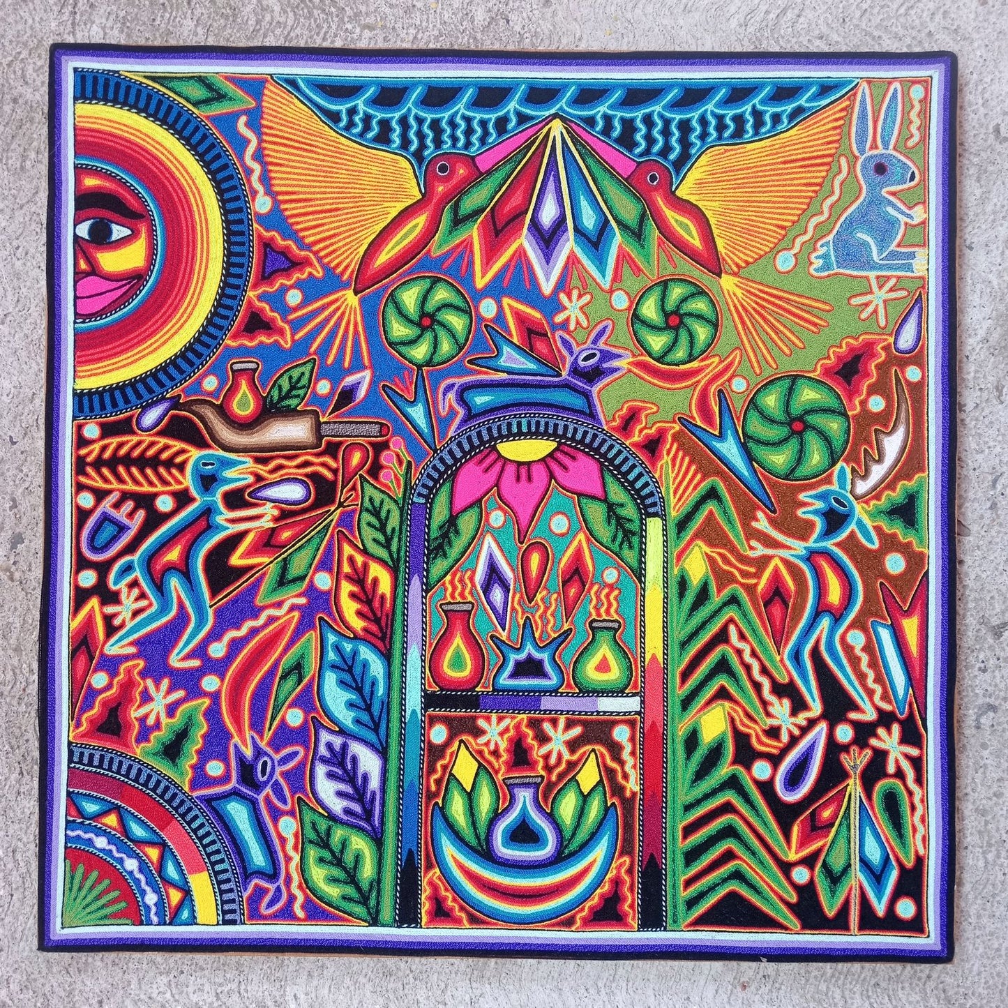 Tepehuano Yarn Painting Mexican Folk Art By Bautista Family PP8346