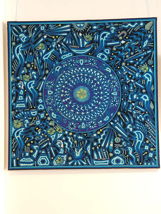 Mexican Folk Art Huichol Yarn Painting by Gilberto Gonzalez PP8350