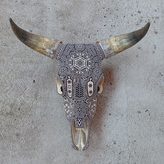 Huichol Bead Art Mexican Folk Art,  Bull Skull By Mayola Villa Lopez PP8351