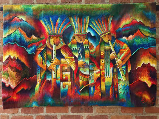 Hand Woven Alpaca Fiber Tapestry " Musicians Of The Wind" By Constantino Laura PP8373