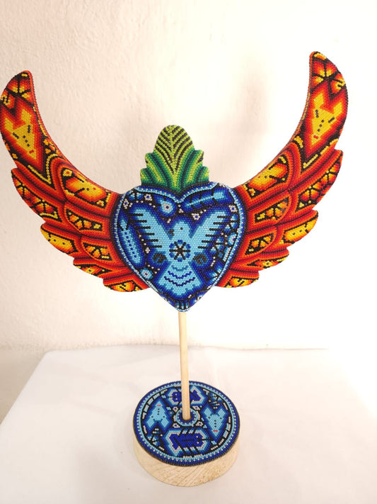 Mexican Huichol Hand Beaded Heart with Base By Isandro Villa Lopez PP8404