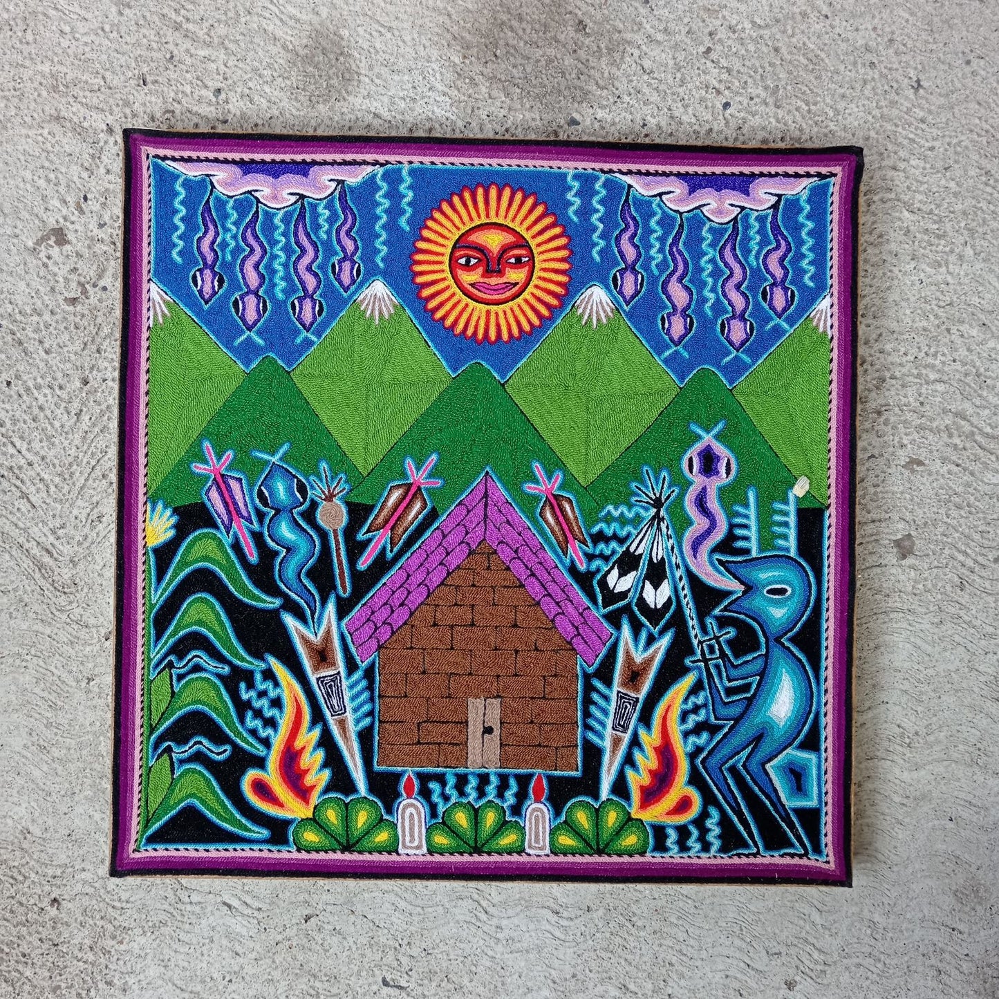 Mexican Folk Art Huichol Yarn Painting by Cooperativa Zitacua PP8433 Oaxaca