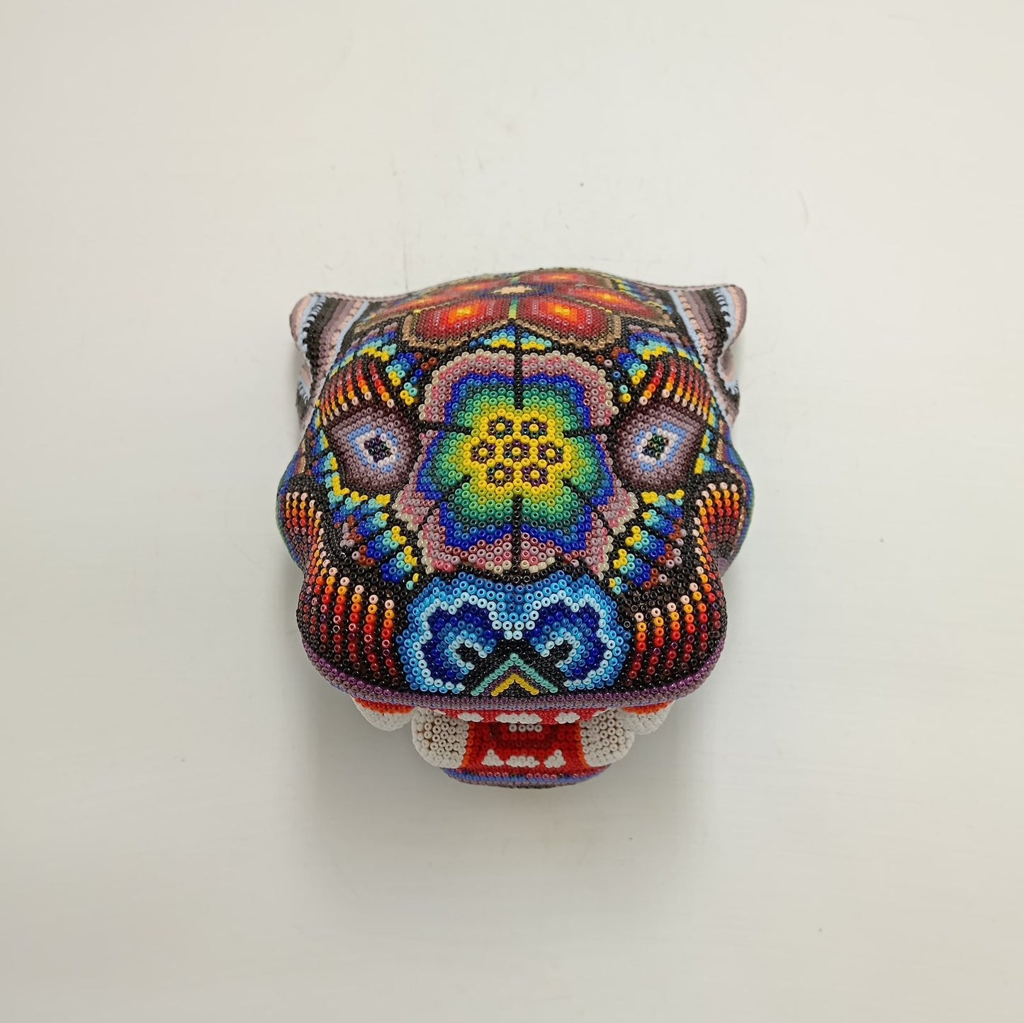Mexican Huichol Hand Beaded Jaguar Head By Octaviano Villa Lopez PP8463