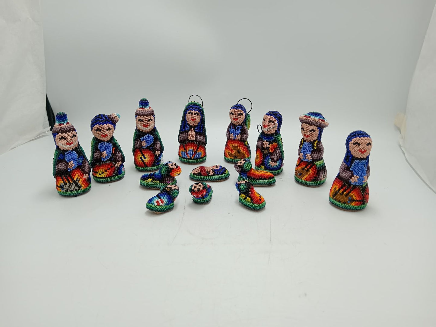 Hand Beaded Huichol Mexican Folk Art Nativity Set By Honorio Villa Lopez PP8485