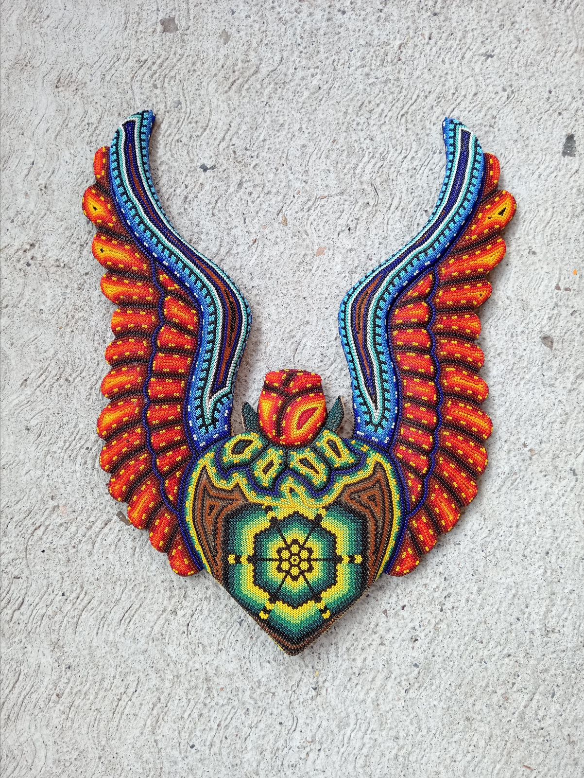 Huichol Hand Beaded Mexican Folk Art Heart with Wings By  Santos Bautista PP8487