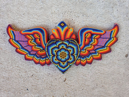 Huichol Hand Beaded Mexican Folk Art Heart with Wings By  Santos Bautista PP8491
