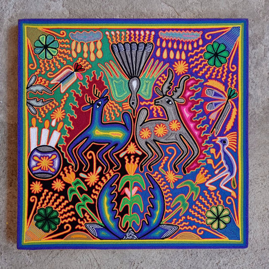 Mexican Folk Art Huichol Yarn Painting by Cooperativa Zitacua PP8563 Oaxaca