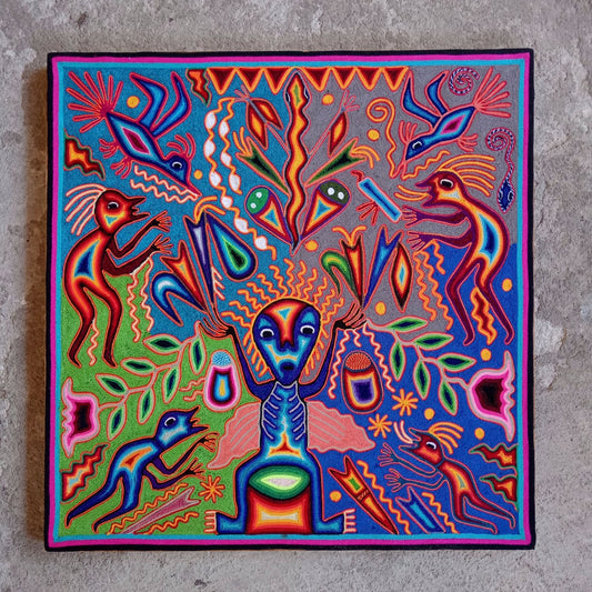 Mexican Folk Art Huichol Yarn Painting by Cooperativa Zitacua PP8564 Oaxaca