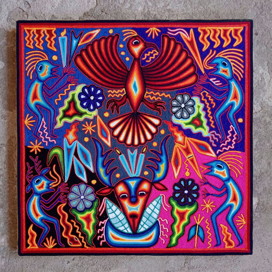 Mexican Folk Art Huichol Yarn Painting by Cooperativa Zitacua PP8565 Oaxaca