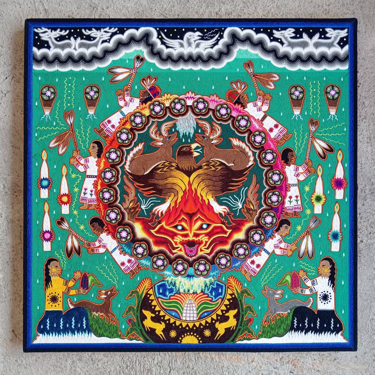 Huichol Indian Yarn Painting by  Samuel Hernandez  PP8566