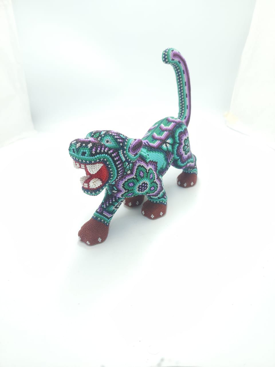 Mexican Huichol Hand Beaded Art, Jaguar By Isandro Villa Lopez PP8610