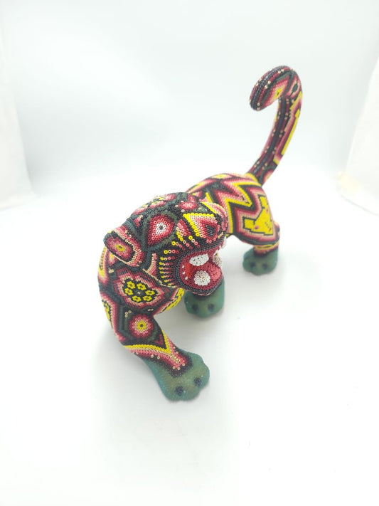 Mexican Huichol Hand Beaded Art, Jaguar By Isandro Villa Lopez PP8611