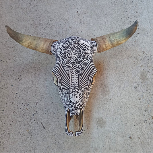 Huichol Bead Art Mexican Folk Art,  Bull Skull By Mayola Villa Lopez PP8612 Oaxaca