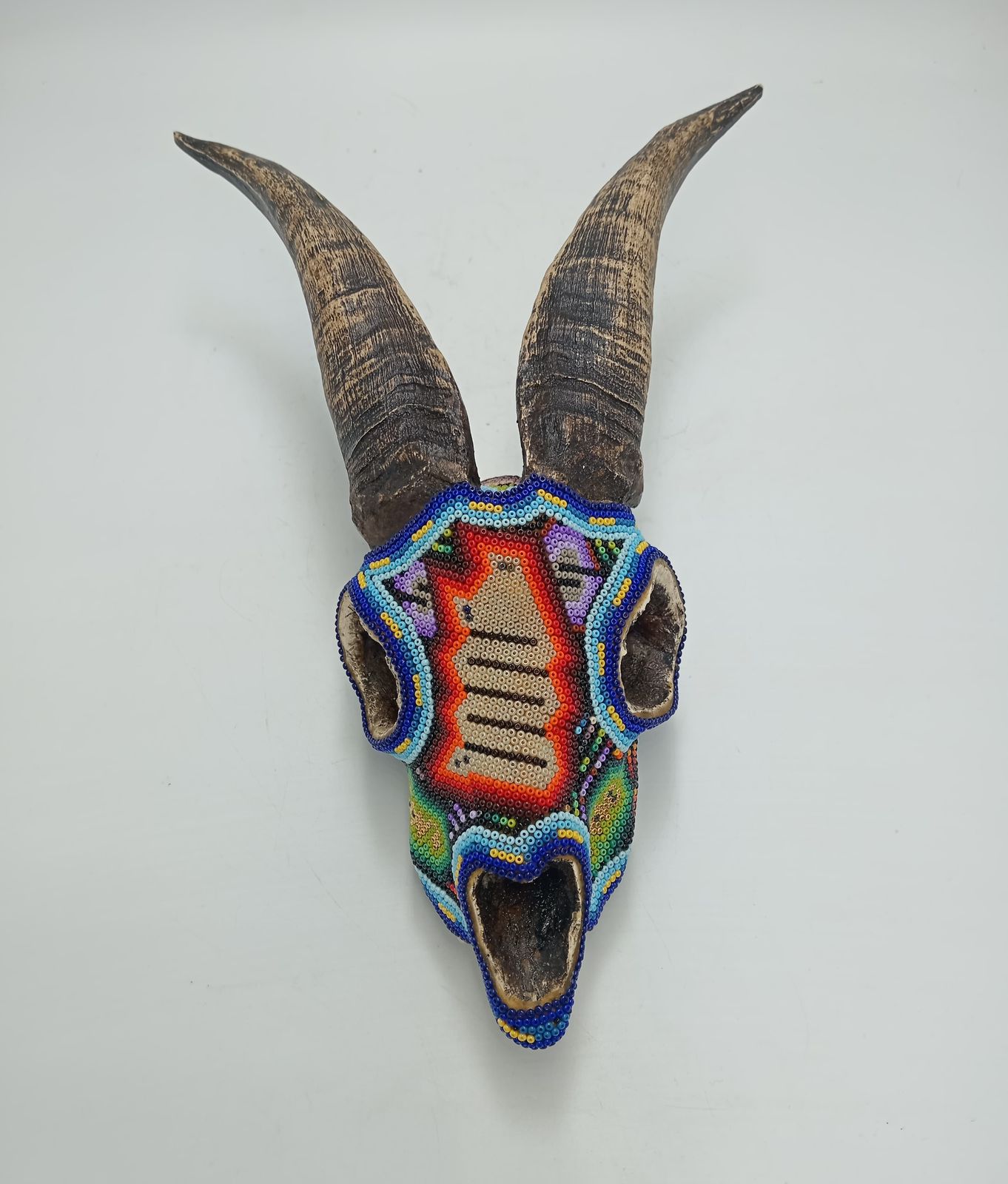 Beaded Huichol Mexican Folk Art Goat Skull By Mayola Villa Lopez PP8645