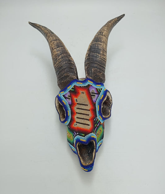 Beaded Huichol Mexican Folk Art Goat Skull By Mayola Villa Lopez PP8645