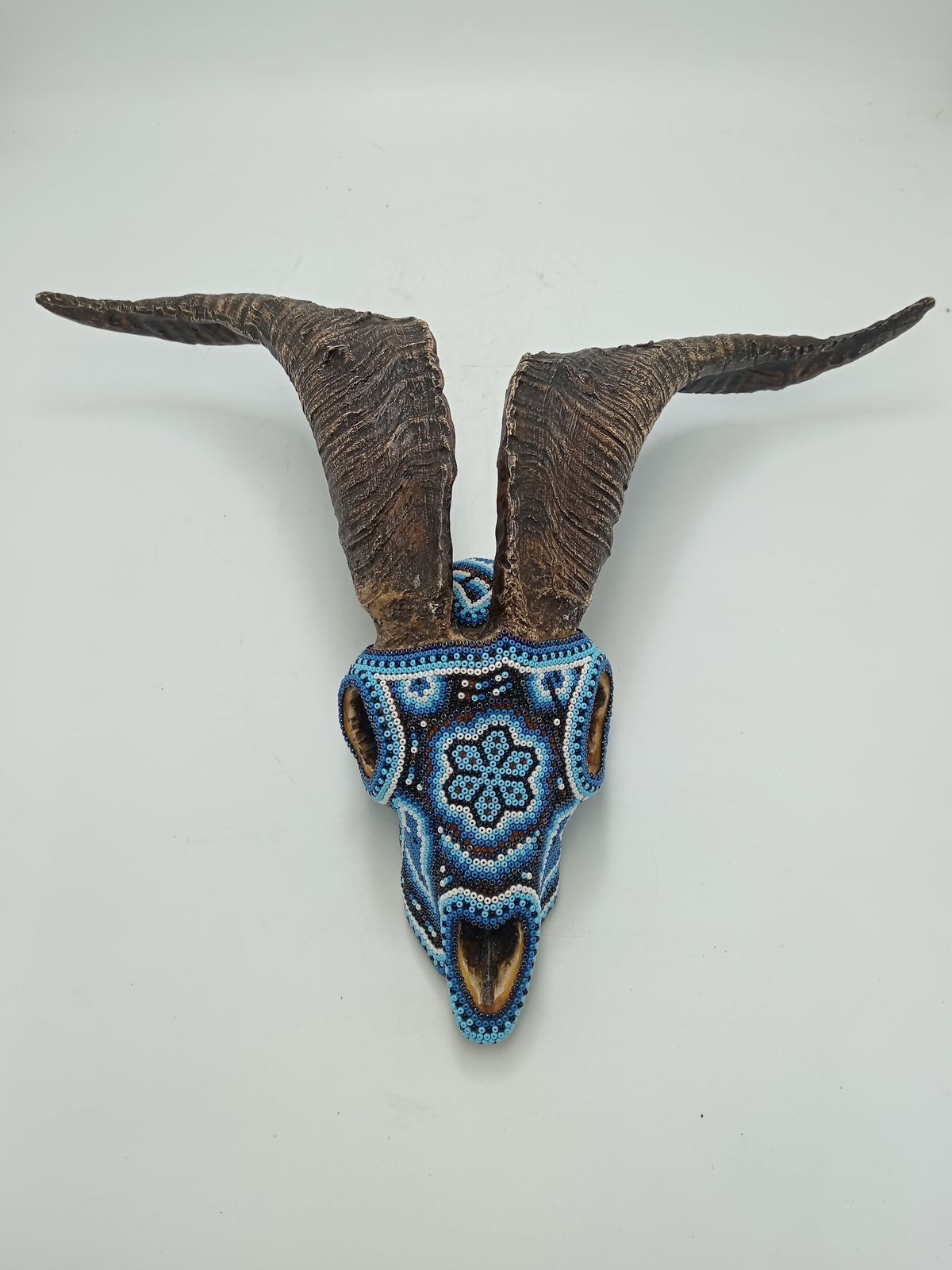 Beaded Huichol Mexican Folk Art Goat Skull By Mayola Villa Lopez PP8646