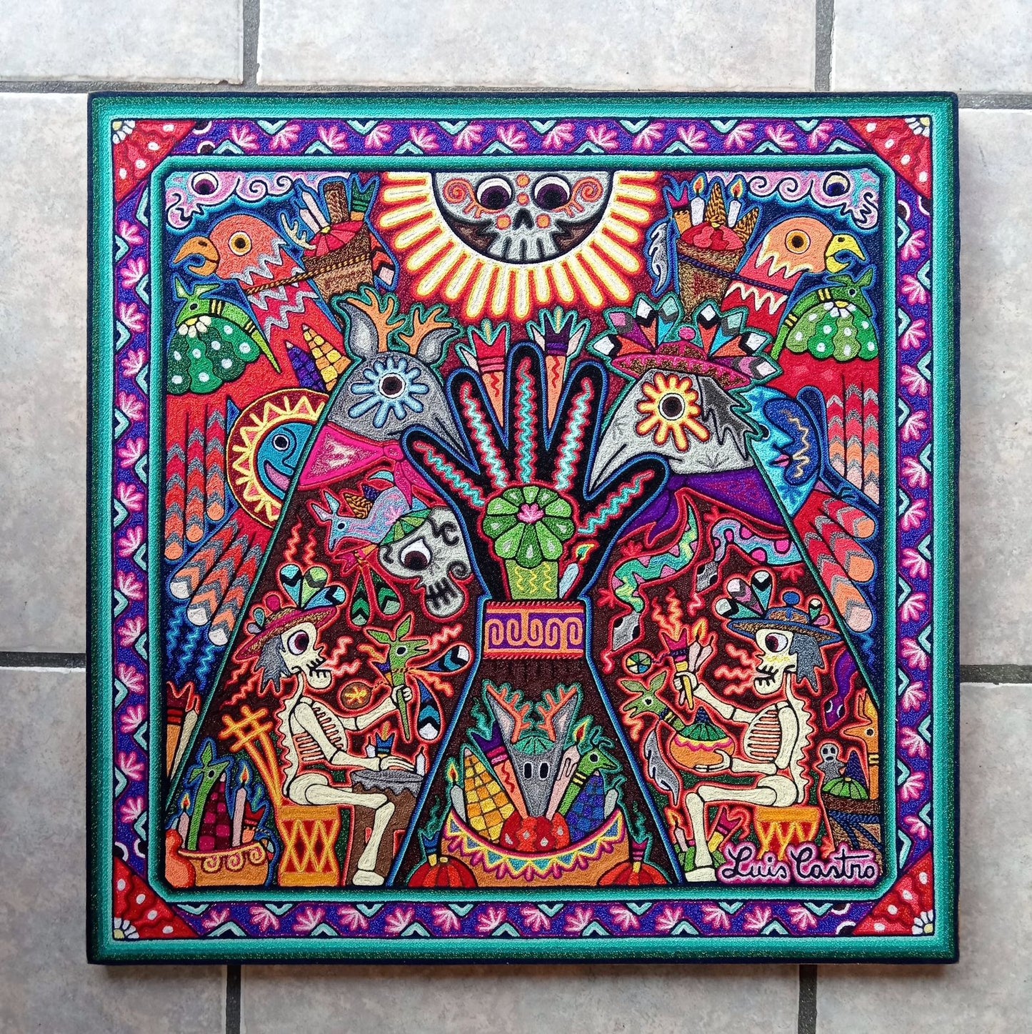 Huichol Indian Yarn Painting by Luis Castro PP8513