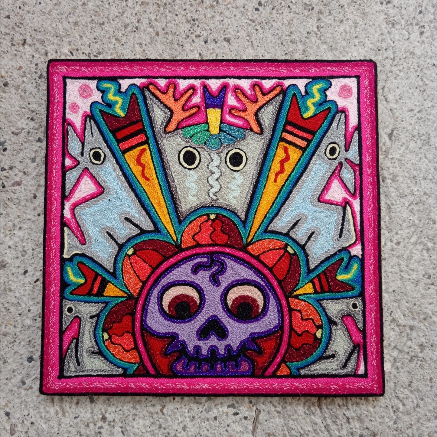 Mexican Folk Art Huichol Indian Yarn Painting by Luis Castro PP8585