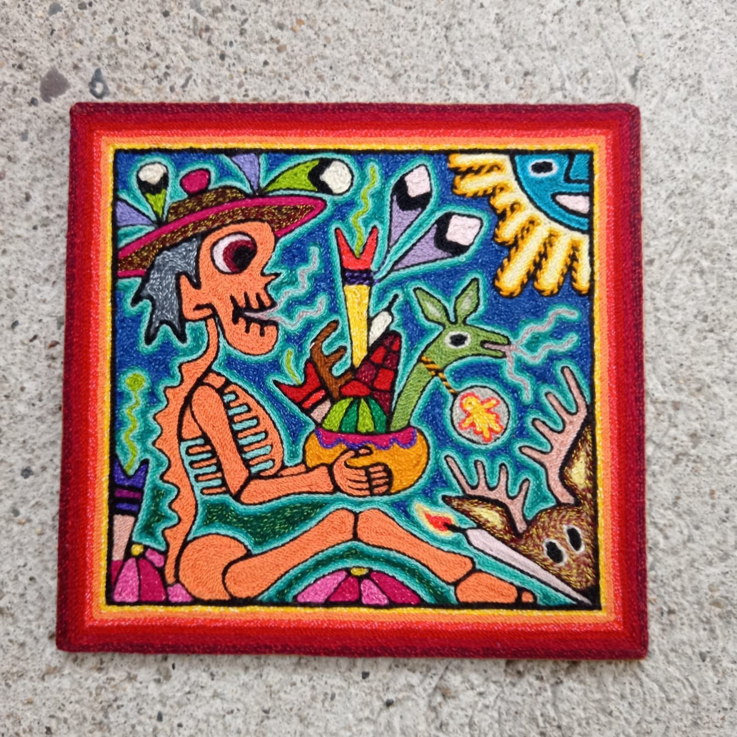 Mexican Folk Art Huichol Indian Yarn Painting by Luis Castro PP8586
