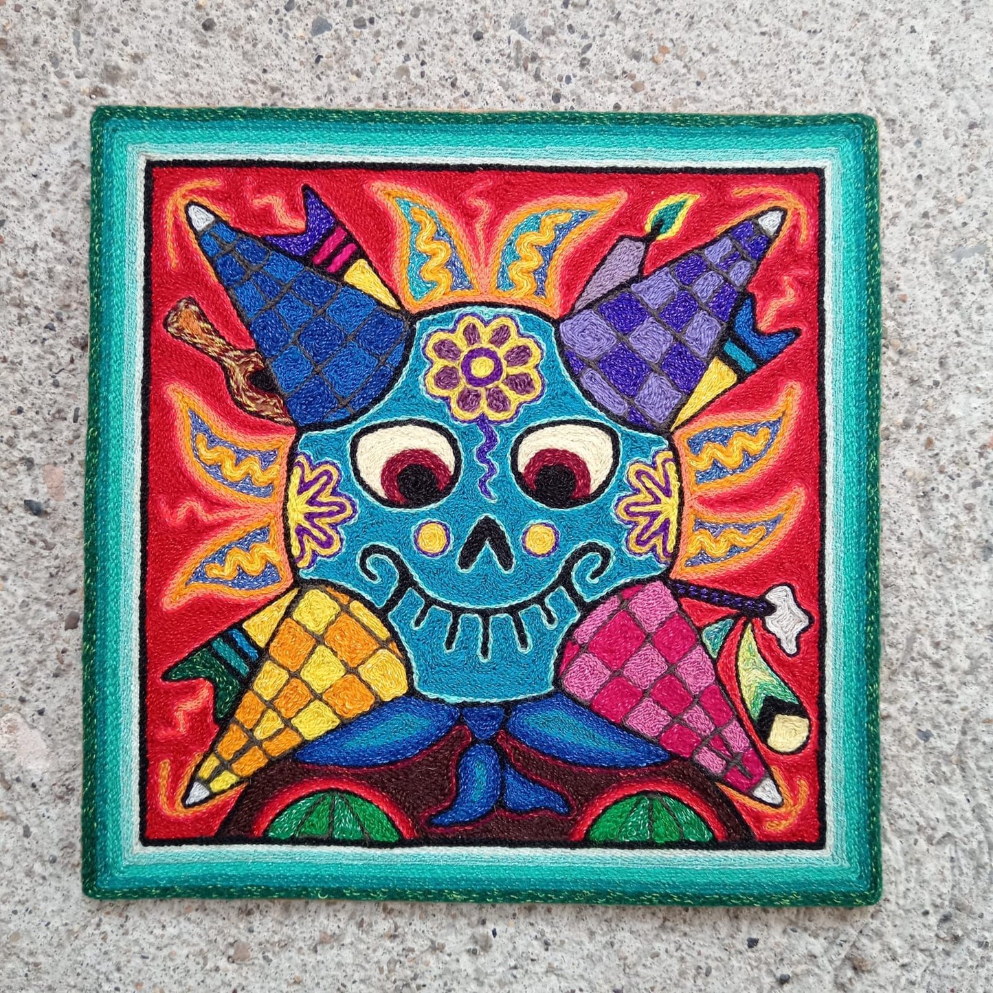 Mexican Folk Art Huichol Indian Yarn Painting by Luis Castro PP8587