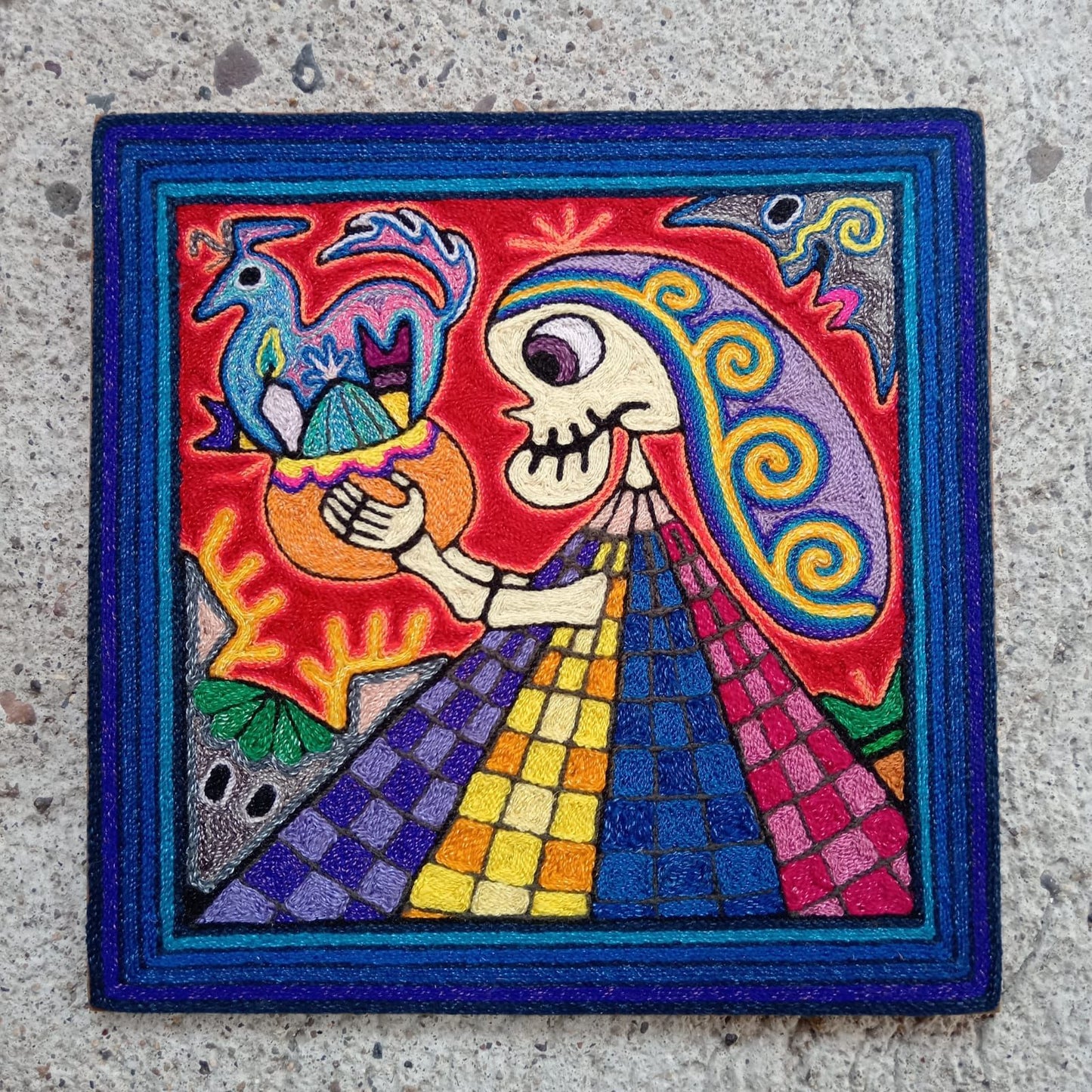 Mexican Folk Art Huichol Indian Yarn Painting by Luis Castro PP8588