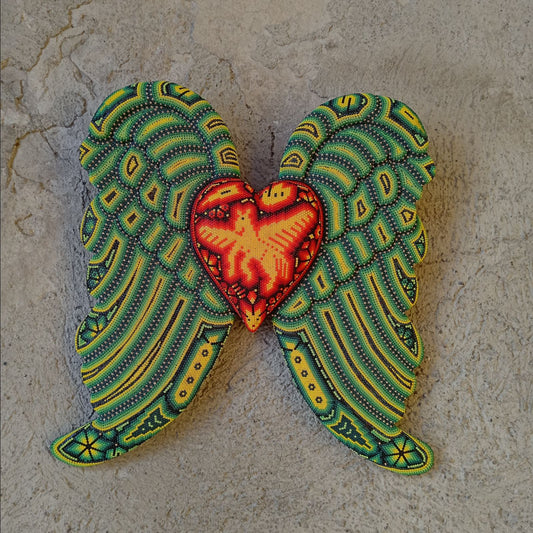 Mexican Huichol Hand Beaded Art, Heart with Wings By Isandro Villa Lopez PP8599