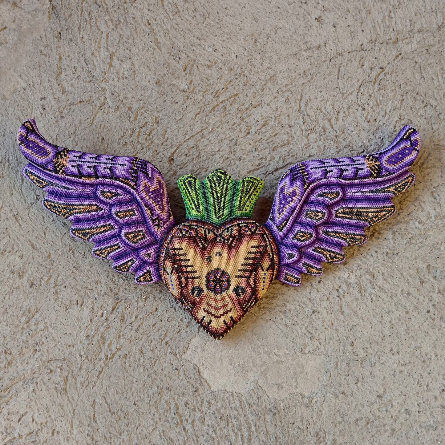 Mexican Huichol Hand Beaded Art, Heart with Wings By Isandro Villa Lopez PP8601