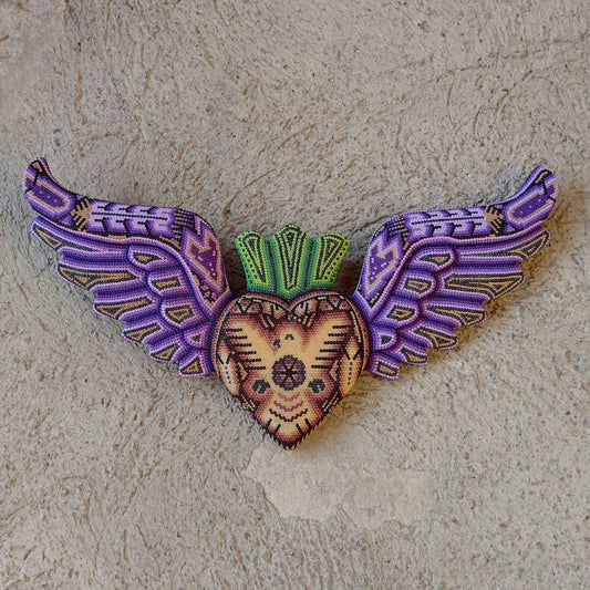 Mexican Huichol Hand Beaded Art, Heart with Wings By Isandro Villa Lopez PP8601