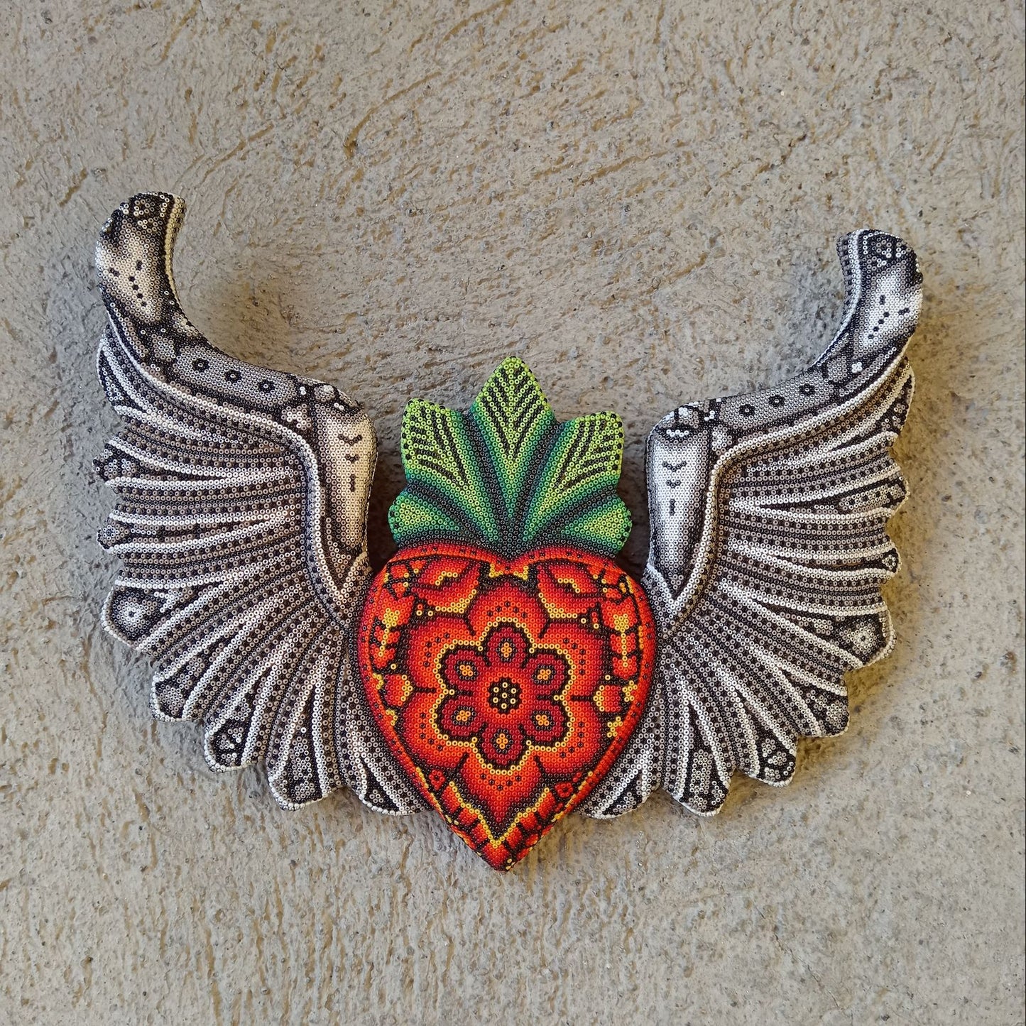 Mexican Huichol Hand Beaded Art, Heart with Wings By Isandro Villa Lopez PP8603