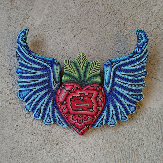 Mexican Huichol Hand Beaded Art, Heart with Wings By Isandro Villa Lopez PP8604
