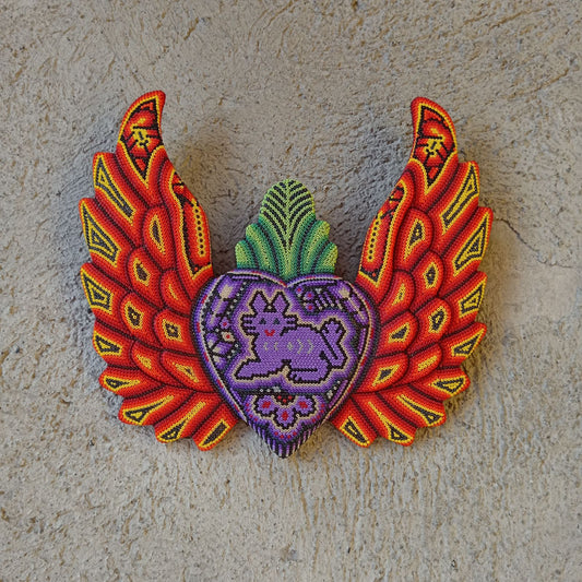 Mexican Huichol Hand Beaded Art, Heart with Wings By Isandro Villa Lopez PP8605
