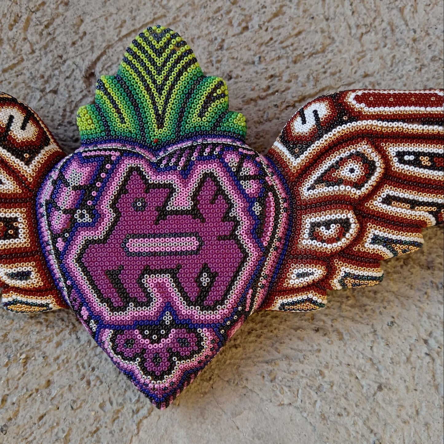 Mexican Huichol Hand Beaded Art, Heart with Wings By Isandro Villa Lopez PP8606