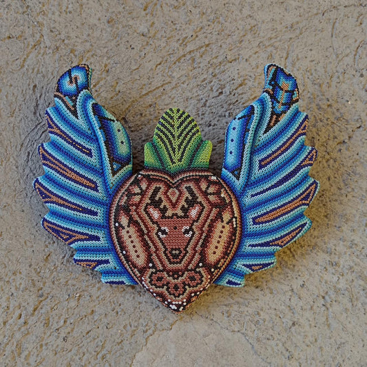 Mexican Huichol Hand Beaded Art, Heart with Wings By Isandro Villa Lopez PP8607 Oaxaca