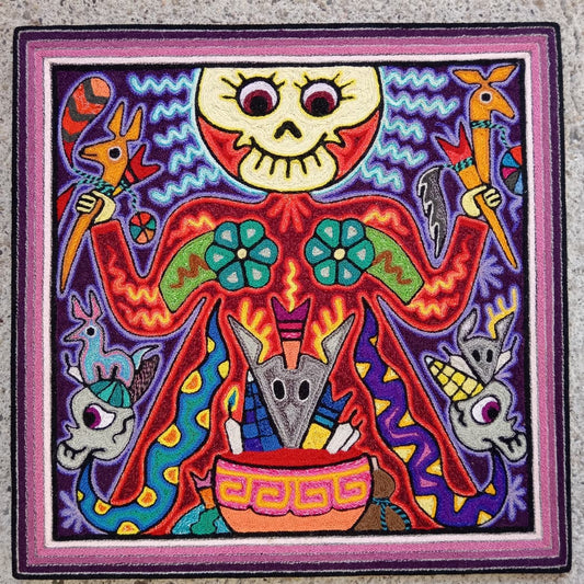 Mexican Folk Art Huichol Indian Yarn Painting by Luis Castro PP8595