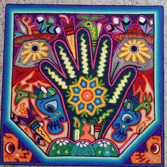 Mexican Folk Art Huichol Indian Yarn Painting by Luis Castro PP8593