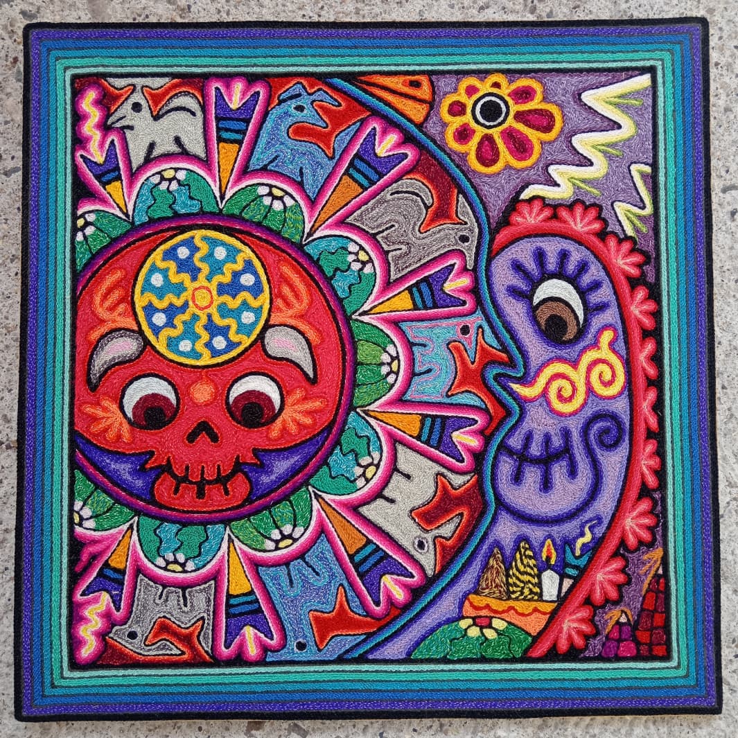 Mexican Folk Art Huichol Indian Yarn Painting by Luis Castro PP8594