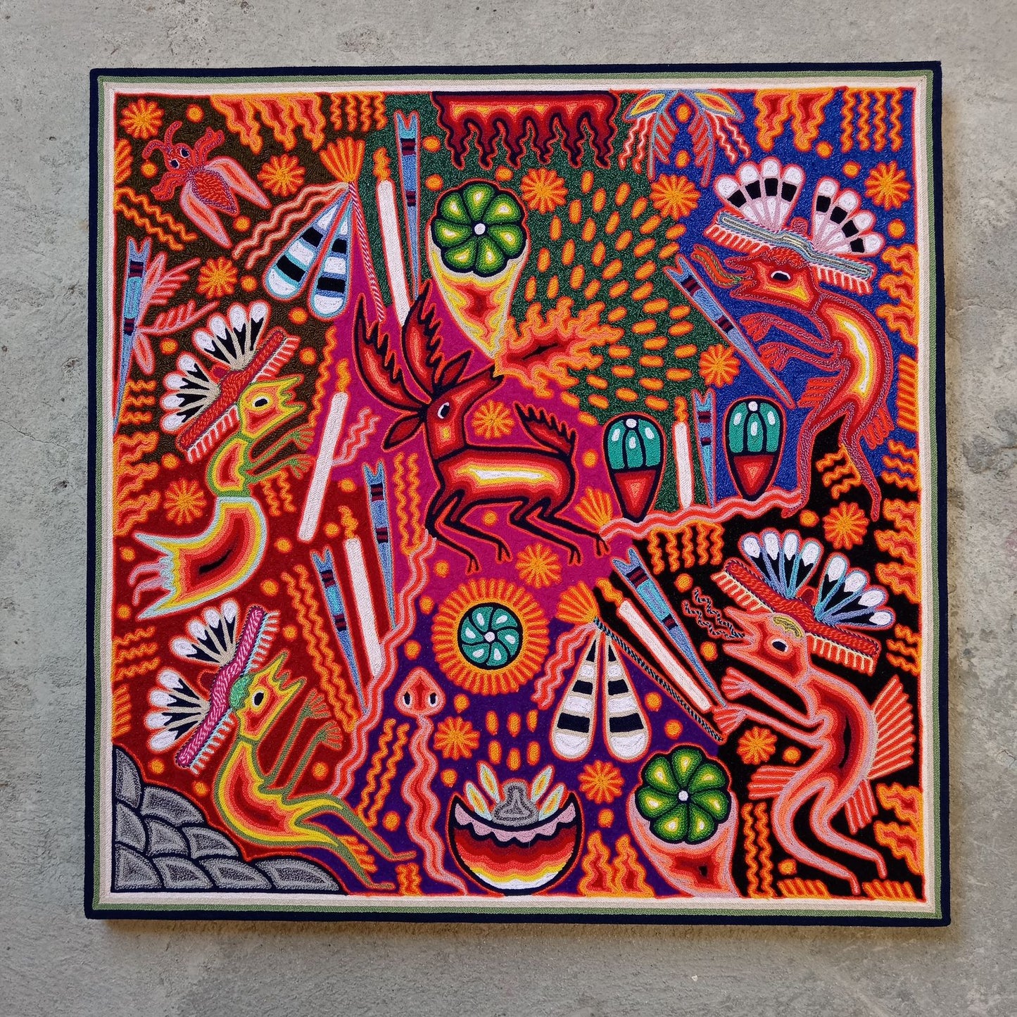 Huichol Mexican Folk Art Yarn Painting By Maximino Renteria PP8670