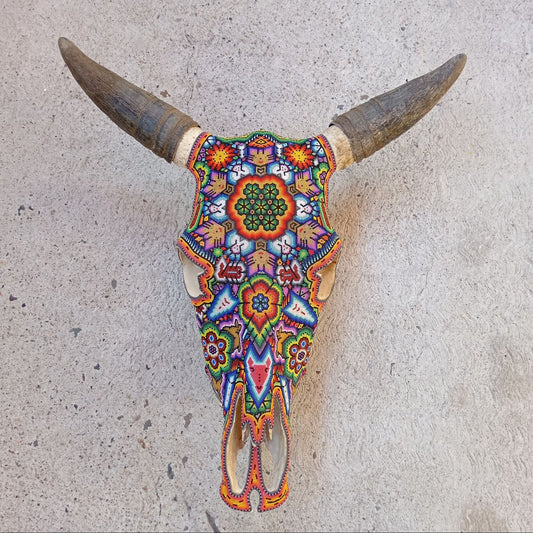 Mexican Folk Art Huichol Hand Beaded Bull Skull By Isandro Villa Lopez PP8672