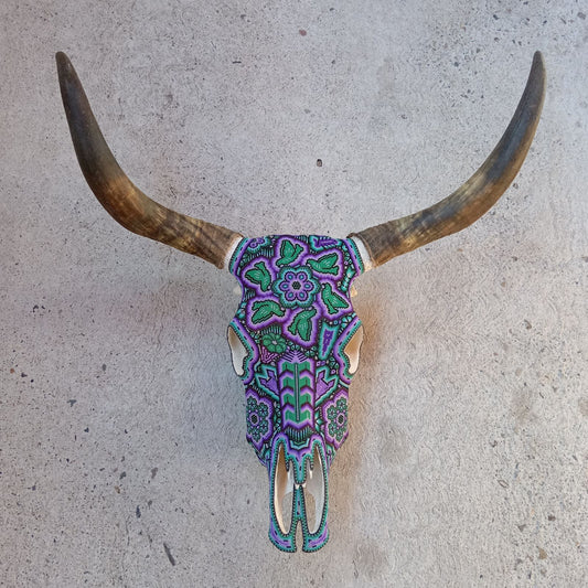 Mexican Folk Art Huichol Hand Beaded Bull Skull By Isandro Villa Lopez PP8674