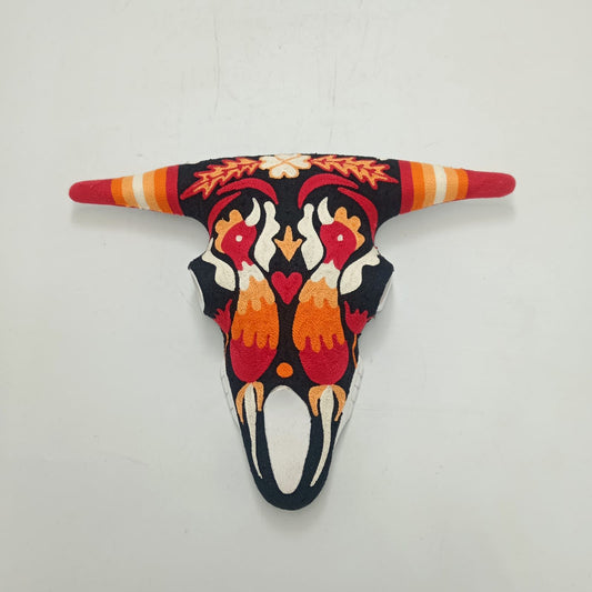 Mexican Folk Art Huichol Yarn Painting on Bull Skull By Alfredo Meraz Reyna PP8676