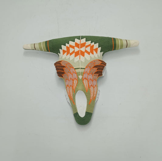 Mexican Folk Art Huichol Yarn Painting on Bull Skull By Alfredo Meraz Reyna PP8677