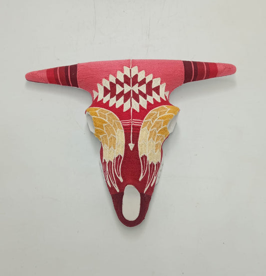 Mexican Folk Art Huichol Yarn Painting on Bull Skull By Alfredo Meraz Reyna PP8680