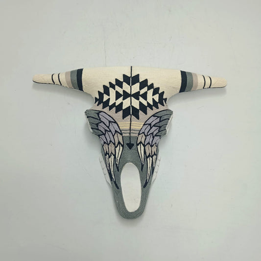 Mexican Folk Art Huichol Yarn Painting on Bull Skull By Alfredo Meraz Reyna PP8682