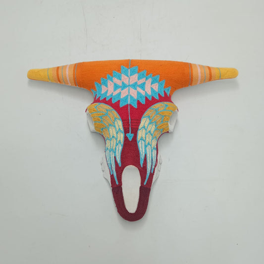 Mexican Folk Art Huichol Yarn Painting on Bull Skull By Alfredo Meraz Reyna PP8683
