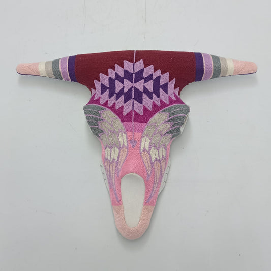 Mexican Folk Art Huichol Yarn Painting on Bull Skull By Alfredo Meraz Reyna PP8684