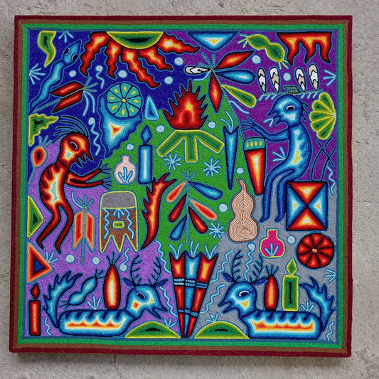 Mexican Folk Art Huichol Yarn Painting by Cooperativa Zitacua PP8727 Oaxaca