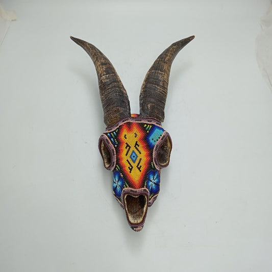 Beaded Huichol Mexican Folk Art Goat Skull By Mayola Villa Lopez PP8733