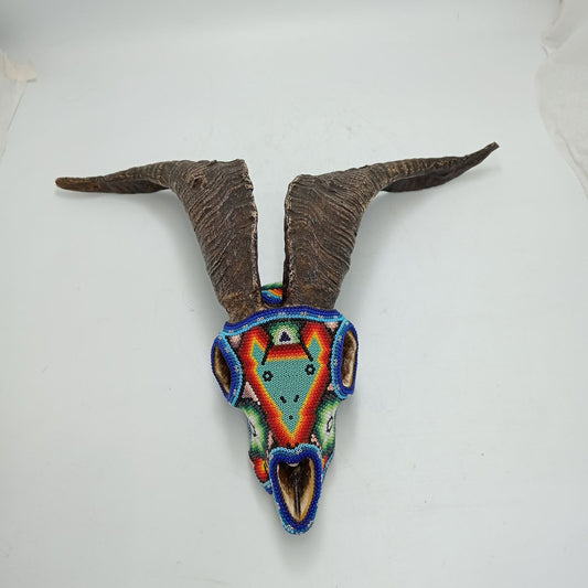 Beaded Huichol Mexican Folk Art Goat Skull By Mayola Villa Lopez PP8734