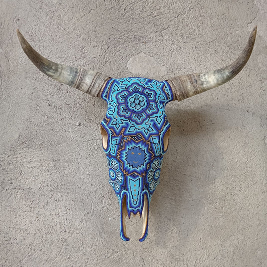 Huichol Bead Art Mexican Folk Art,  Bull Skull By Mayola Villa Lopez PP8746